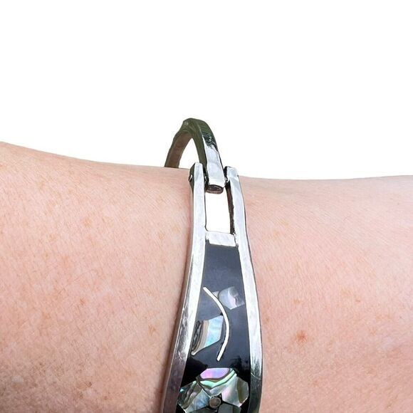 Vintage Alpaca‎ Mexico Women's Bracelet Abalone Shell Floral Silver Tone Signed - Picture 8 of 16